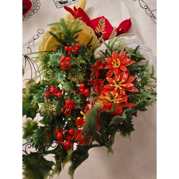2 Vintage Christmas Plastic Cornucopia Holly & Berries Decor Flocked Bows (gg217 - Picture 5 of 6